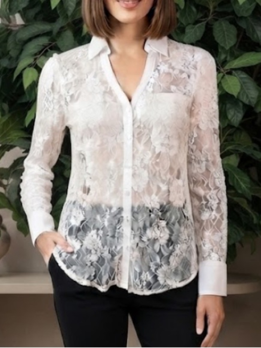 EXPRESS ECRU LACE PORTOFINO ROLL SLEEVE SHIRT